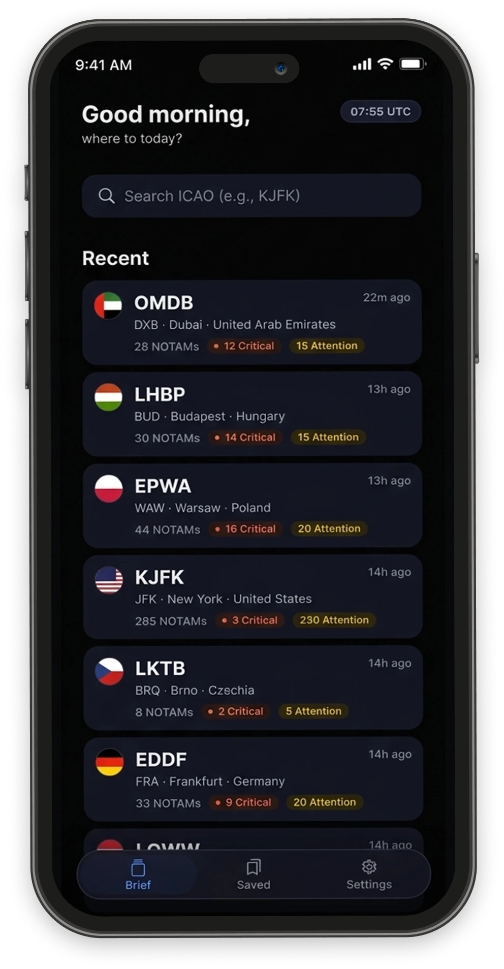 Preflio app screenshot showing a clear NOTAM briefing